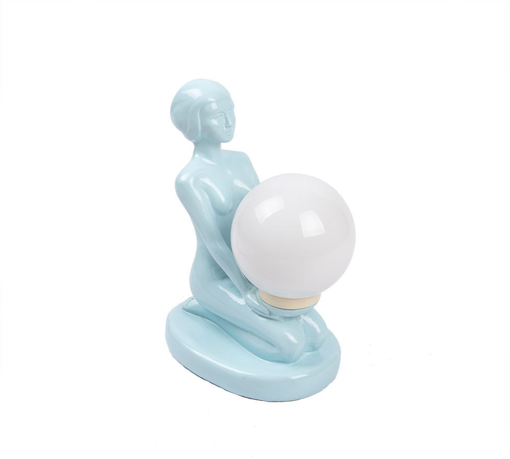Blue ceramic woman table lamp holding a glass globe SClavaux
